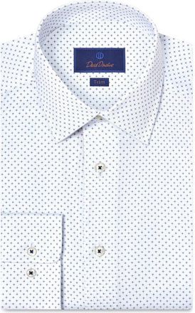 David Donahue Trim Fit Neat Print Cotton Dress Shirt in White/Navy at Nordstrom, Size 15.5 - 32