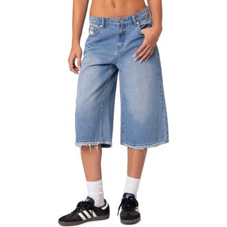 Edikted Fallen Angel Rigid Denim Long Bermuda Shorts in Blue-Washed at Nordstrom, Size X-Small