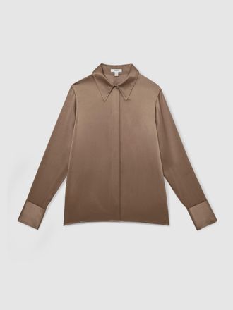 Reiss Taupe Brown Silk-satin Concealed-placket Shirt, 18