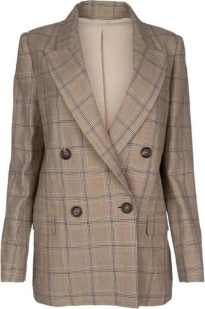 Brunello Cucinelli Prince of Wales Linnen Blazer - Dames - Blazers - Bruin - M - Linnen - Jassen