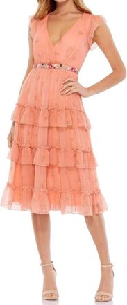 Mac Duggal Floral Print Chiffon Cocktail Midi Dress In Apricot