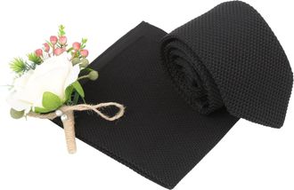 DQT Plain Knitted Slim Neck Tie and Pocket Square Set for Men, Black, One Size