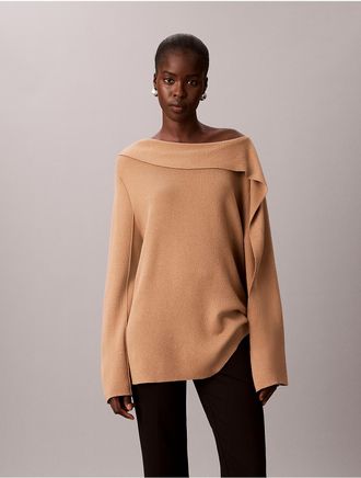 Calvin Klein Womens Asymmetrical Drape Neck Sweater - Brown - XS