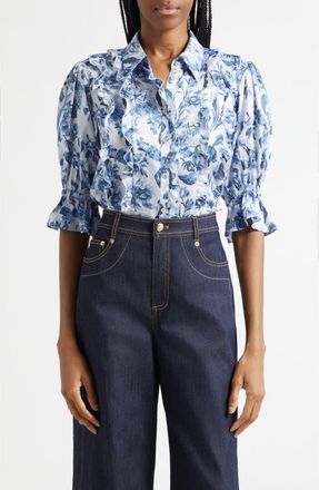 Cinq &agrave; Sept Midnight Floral Print Button-Up Shirt in Night Tide Multi at Nordstrom, Size Xx-Small