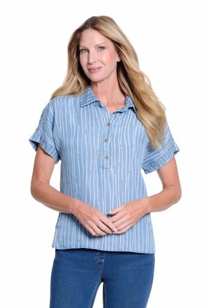 Multiples Twill And Print Denim Popover Top In Light Indigo