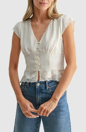 All in Favor Lace Hem Cap Sleeve Top in Ivory at Nordstrom, Size X-Large