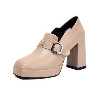 Generic Womens High Heeled Dress Shoes Comfort Slip on Formal Shoes with Buckle Square Toe PU Leather Platform Loafers,Apricot,2.5 UK
