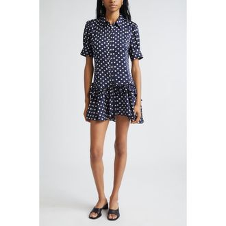 Sandy Liang Snood Polka Dot Tiered Satin Shirtdress in Navy Multi at Nordstrom, Size 6