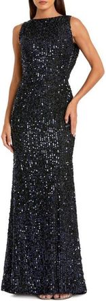 Mac Duggal Petite Sequin Sleeveless Draped Back Evening Gown in Midnight at Nordstrom, Size 12
