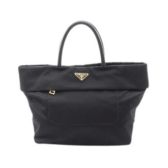 Prada Pre-owned Tote Bags, female, Black, Size: ONE SIZE Pre-owned Nylon Leather Triangle Logo Tote Bag