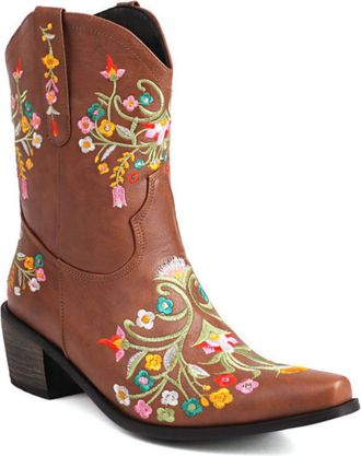Generic Womens Mid-Calf Cowboy Boots with Embroidery Details, Wide Shaft Pull-On Design for Country Style,Brown,6.5 UK