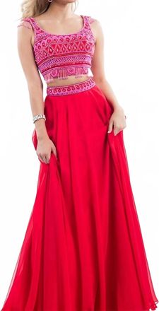 Rachel Allan Two-Piece Beaded Chiffon Prom Gown In Red