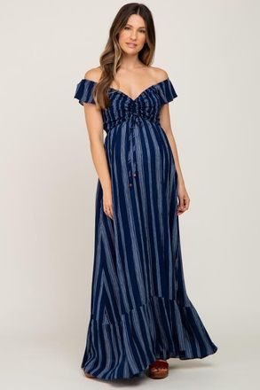 Pinkblush Striped Off Shoulder Front Tie Maxi Dress in Navy Blue at Nordstrom, Size Medium