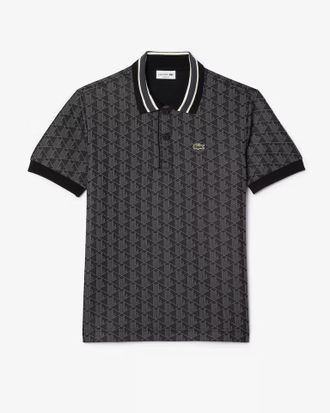 Lacoste Mens Monogram Polo-Black Cotton - Size X-Large