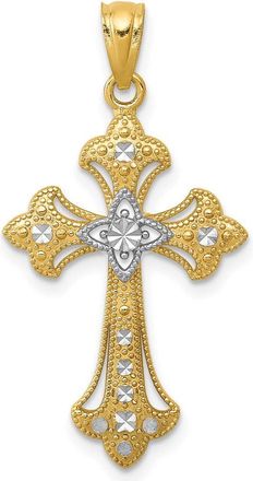 Diamond2Deal 14k Yellow Gold and White Rhodium Diamond-Cut Fleur de Lis Cross Pendant