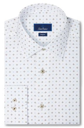 David Donahue Regular Fit Neat Print Cotton Dress Shirt in White/chocolate at Nordstrom, Size 18.5