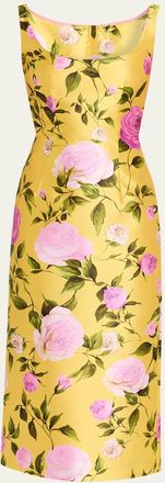 Naeem Khan Scoop-Neck Rose Satin Midi Dress