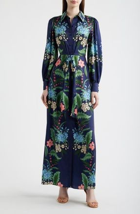 Julia Jordan Floral Print Long Sleeve Maxi Shirtdress in Navy Multi at Nordstrom, Size 10