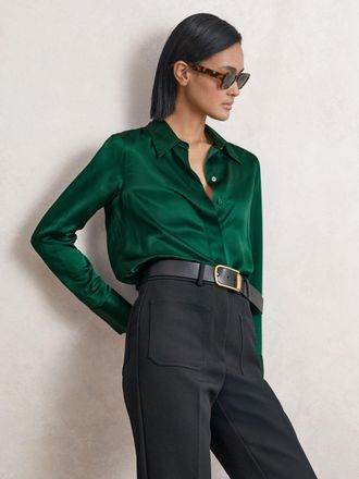 Reiss Green Silk-satin Concealed-placket Shirt, 14