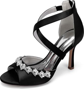 Generic Womens Rhinestone Satin Bridal Stiletto Sandals Dress Wedding Heel Formal Evening Shoes 9.5Cm,Black,10 UK