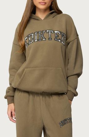Edikted Camo Crush Oversize Fleece Logo Hoodie in Olive at Nordstrom, Size X-Large