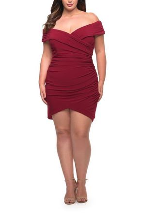 La Femme Plus Size Short Jersey Off the Shoulder Dress in Burgundy at Nordstrom, Size 24W