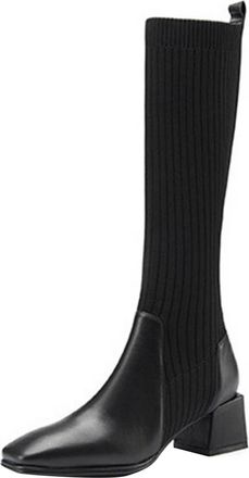 Generic Black Ladies Knitted Mid Calf Boots with Thick Sole Comfortable Versatile Thick Heel Mid Heel for Everyday Style