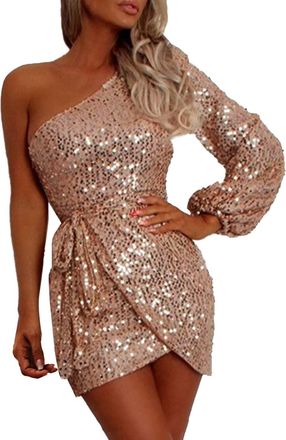 Generic One Shoulder Dresses for Women UK Sexy Sequins Mini Dresses Sparkle A Line Wedding Guest Dresses Wrapped Dinner Party Festival Dresses Shiny Tube Club