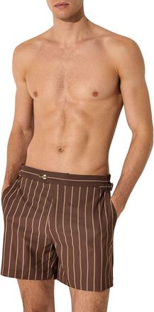 Reiss Presley Stripe Side Adjuster Swim Trunks in Dark Brown at Nordstrom, Size Xx-Large