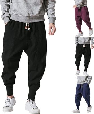 Generic Mens Japanese Pants Japanese Drop Crotch Trousers Mens Cuffed Leg Harem Pants Lounge Beach Trousers Linen Yoga Pant Drawstring Pirate Costume Hippie B