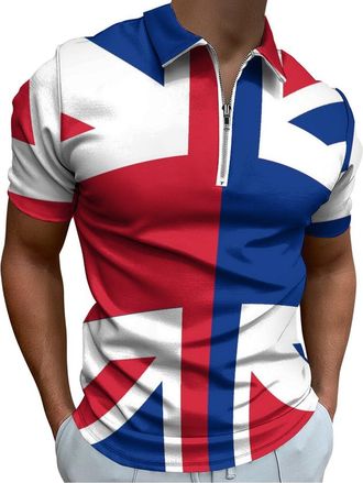 Generic Flag of England Flag Casual Zipper Polo Shirts for Men Short Sleeve Golf Collared Light Fit Tee 5XL