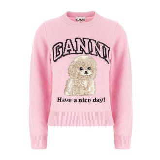 Ganni Maglione Girocollo con Stampe di Barboncino in Misto Lana - - Knitwear - Donna - Rosa - L