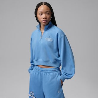 Nike Jordan Womens Jordan Brooklyn Fleece Cropped 1/4-Zip Top in Blue | IV5321-489