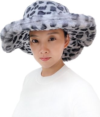 Lina & Lily Oversized Womens Winter Bucket Hat Faux Fur Wide Floppy Brim (Leopard Grey)
