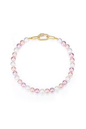 Classicharms Shell Pearl Necklace with Gem-Encrusted Carabiner Lock in Pink at Nordstrom
