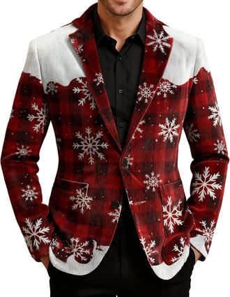 Generic Mens Christmas Blazer Corduroy Jacket Ugly Christmas Blazer Jackets Xmas Festive Costume Slim Fit Single-Breasted Suit Jacket Novelty Xmas Tuxedo Holi