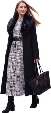 Jessica London Long Wool Blend Coat With Faux Fur Collar in Black at Nordstrom, Size 30