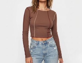 Mimosa Ribbed Patchwork Long Sleeve Crop Top In Brown