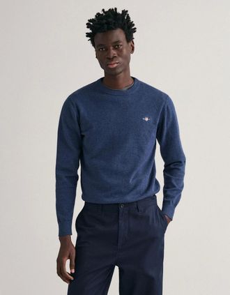 GANT Mens GANT Mens Classic Cotton Crew Neck Jumper - 902 Dark Jeansblue Melange - Navy - Size: 46