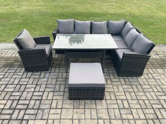Fimous 8 Seater Garden Rattan Furniture Corner Sofa Dining Table Chair Set with Big Footstool Indoor Outdoor Lounge Sofa Set in Dark Grey
