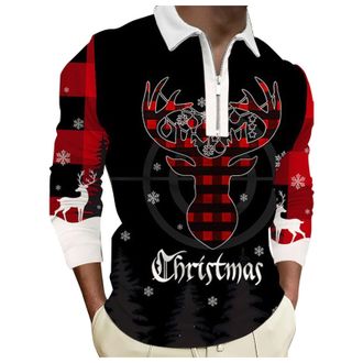 Generic Mens Christmas Stylish Casual Comfortable Digital Printed Festive Lapel Half-Zip Polo Shirt for Men Adult Long-Sleeved Top Funky Santa Short Sleeve Bo