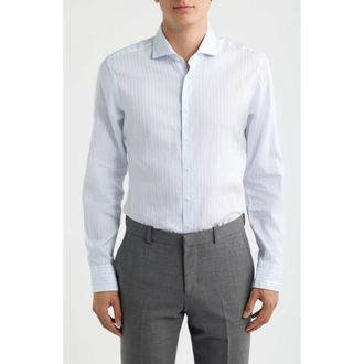 Eterna Slim Fit Stripe Non-Iron Cotton & Linen Dress Shirt in Light Blue at Nordstrom, Size 15.5 - L