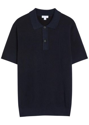 Sunspel Ribbed Knit Cotton Polo Shirt - Navy - XL
