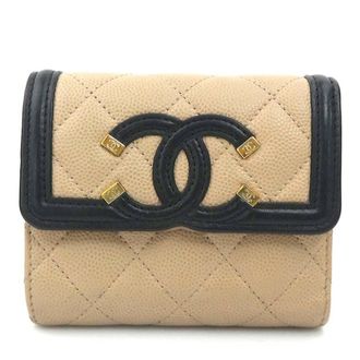 Chanel Beige Black Grained Calfskin Wallet (Tri-Fold) (Pre-Owned)
