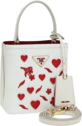 Prada Panier Bucket Bag Embellished Saffiano Leather White Leather Handbag (Pre-Owned)