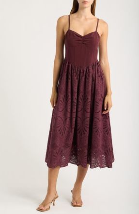 Moon River Eyelet Scallop Sleeveless Midi Dress in Wine at Nordstrom, Size X-Small