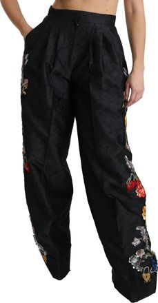 Dolce & Gabbana Black Brocade Floral Sequined Beaded Womens Pants