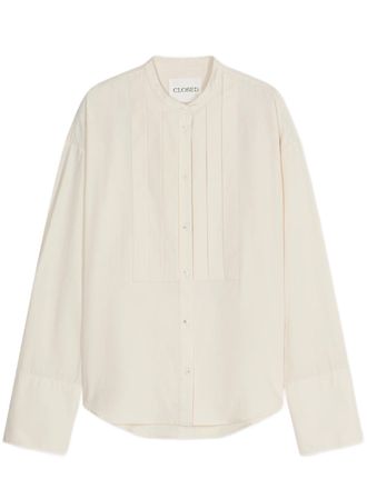 Closed Relaxed Fit Blouse with Vertical Pleats and Band Collar