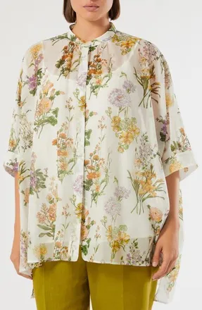 Marina Rinaldi Paniere Oversize Floral Cotton & Silk Button-Up Tunic in White at Nordstrom, Size 14W