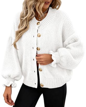 PrettyGarden Womens Cropped Cardigans Trendy 2025 Ruffle Open Front Chunky Knit Sweater Oversized Button Up Winter Clothes, White, L